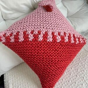 Anthropologie Pillow NEW red and pink crochet 16” x 16”